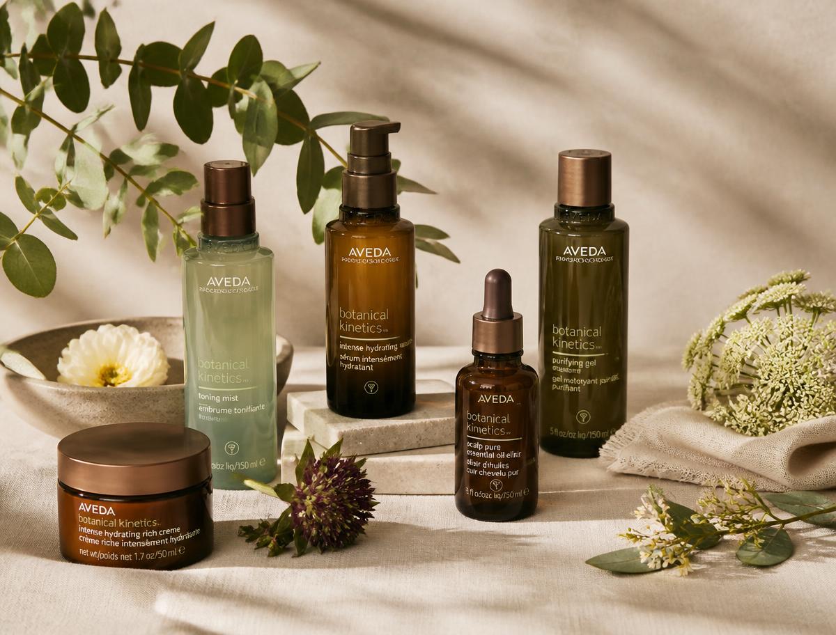 Aveda botanical hair and skin care products with fresh plant sprigs